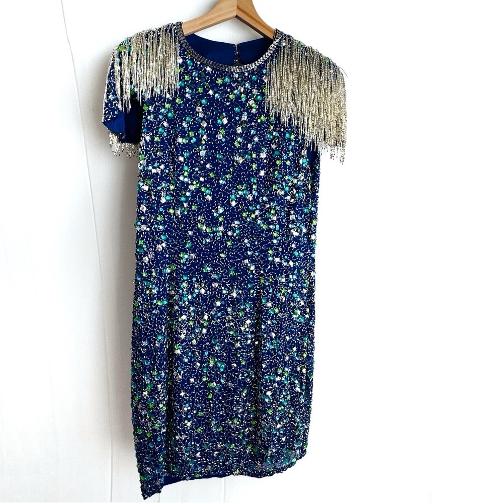 Nite Line Sparkling beaded Blue Dress with Silver fringe Accents